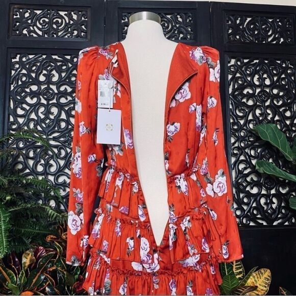 WAYF Floral Puff Sleeve Ruffle Layer Red & Violet Polka Dot Dress NWT Small - Picture 6 of 10